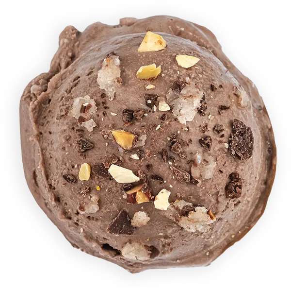 Scoop of chocolate ice cream with nuts and chocolate chunks on top.