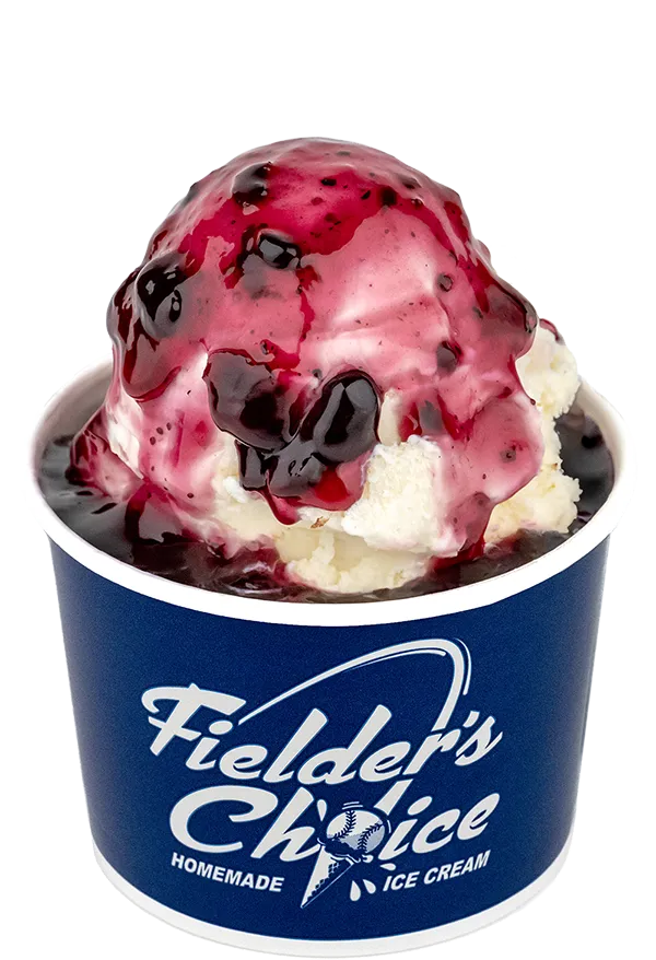 Delicious homemade ice cream topped with berry sauce in a Fielder's Choice cup, perfect summer treat!