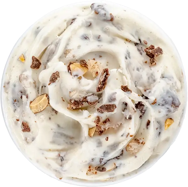 Creamy ice cream with chocolate and nut chunks in close-up view. Perfect dessert treat for chocolate lovers.
