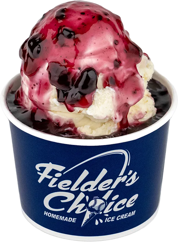 Delicious vanilla ice cream in a Fielder's Choice cup drizzled with rich berry sauce.