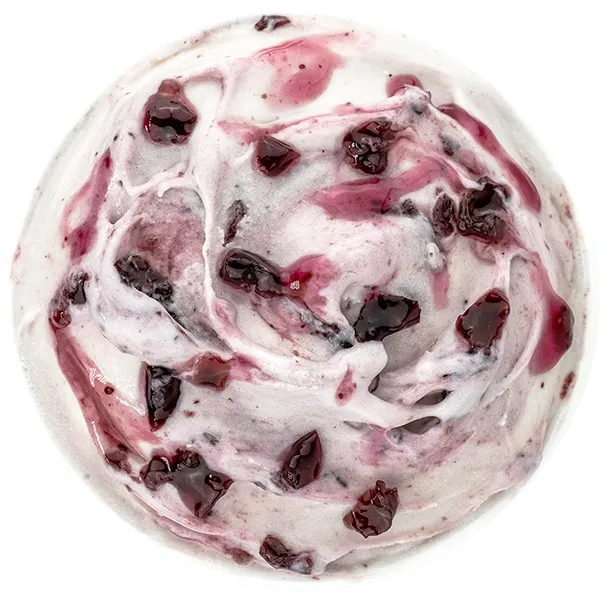 Swirled Blueberry ice cream with rich, dark cherry pieces on a white background.