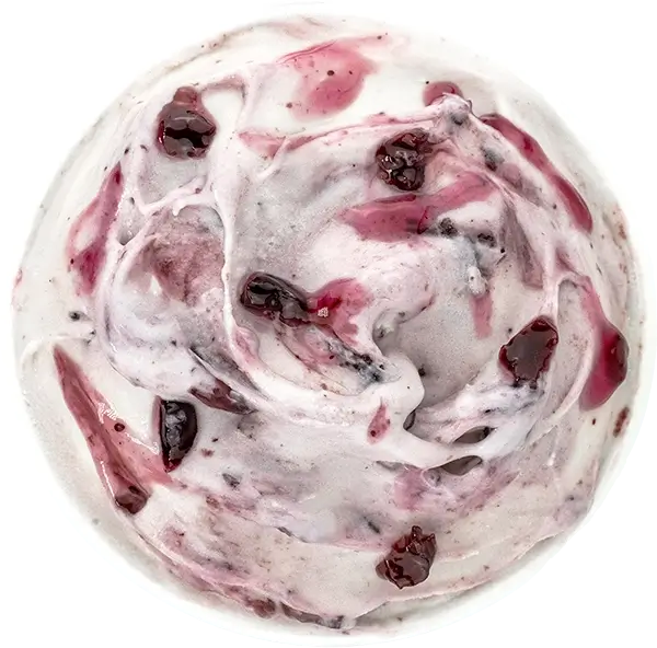 Swirled Blueberry ice cream with rich, dark cherry pieces on a white background.