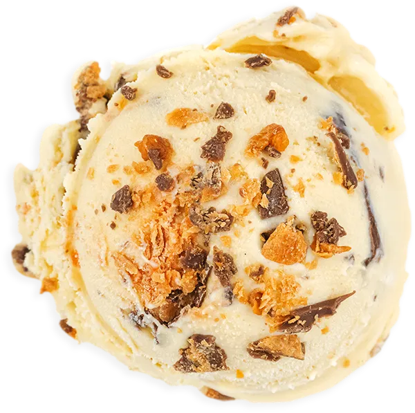 Close-up of creamy ice cream scoop with chocolate and toffee bits, perfect dessert treat.