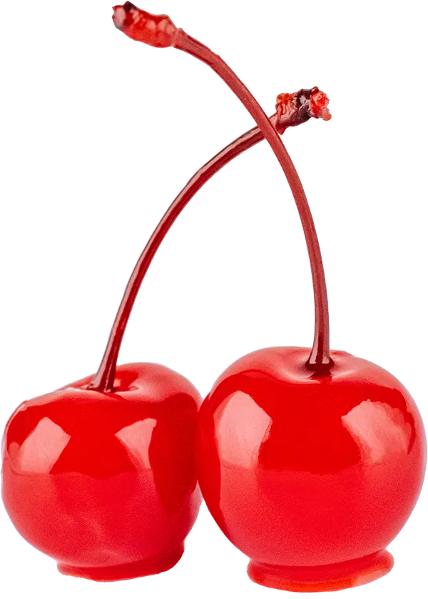 Two bright red maraschino cherries with stems, isolated on a white background. Perfect for desserts and cocktails.