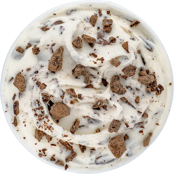 Creamy ice cream with chocolate cookie chunks on top, perfect for dessert lovers craving a sweet, crunchy treat.