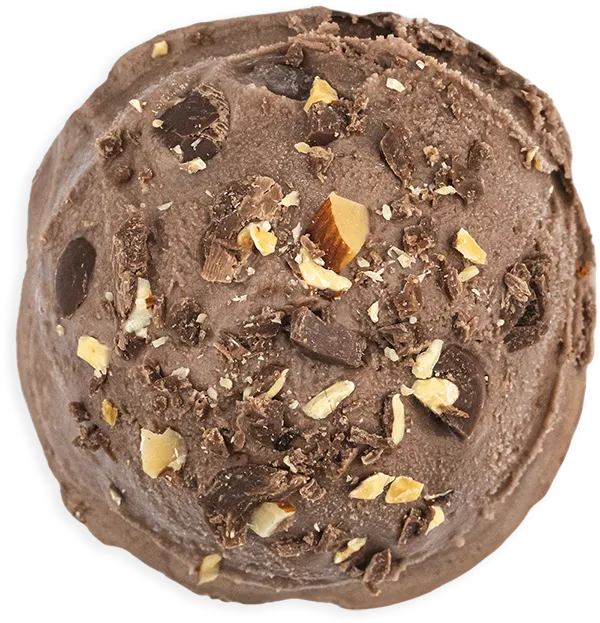 Rich chocolate ice cream topped with nuts and chocolate chunks, perfect for dessert lovers.