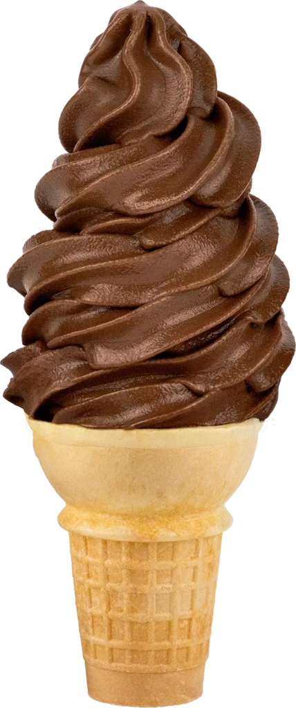 Chocolate soft serve ice cream cone with creamy swirls, perfect for a sweet treat or dessert craving.