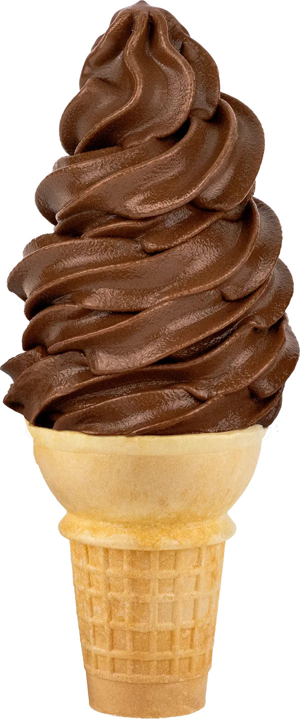 Chocolate soft serve ice cream cone with creamy swirls, perfect for a sweet treat or dessert craving.