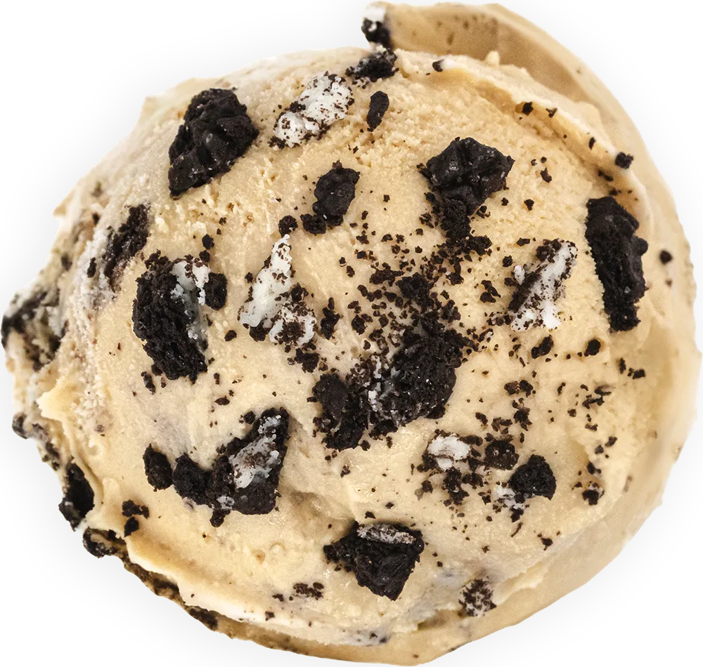 Coffee Oreo ice cream scoop with chocolate chunks and creamy texture on a white background.