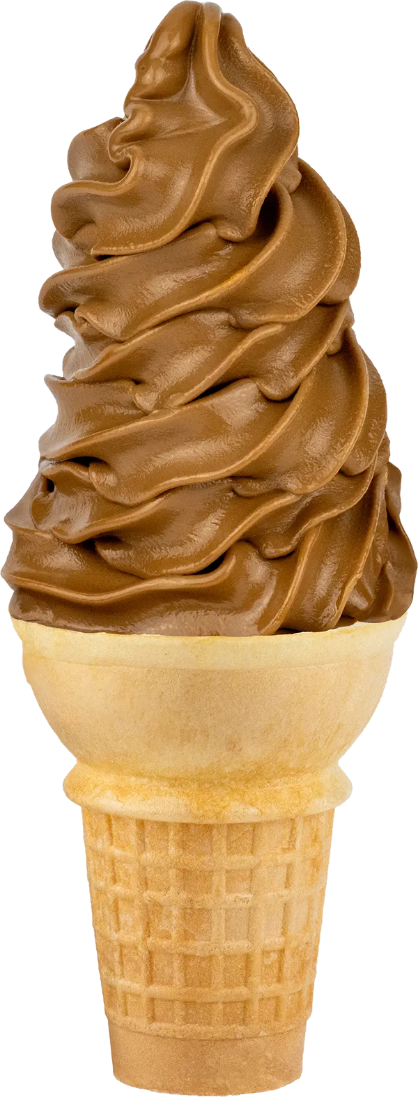 Delicious chocolate soft serve ice cream in a waffle cone, perfect for a sweet summer treat.