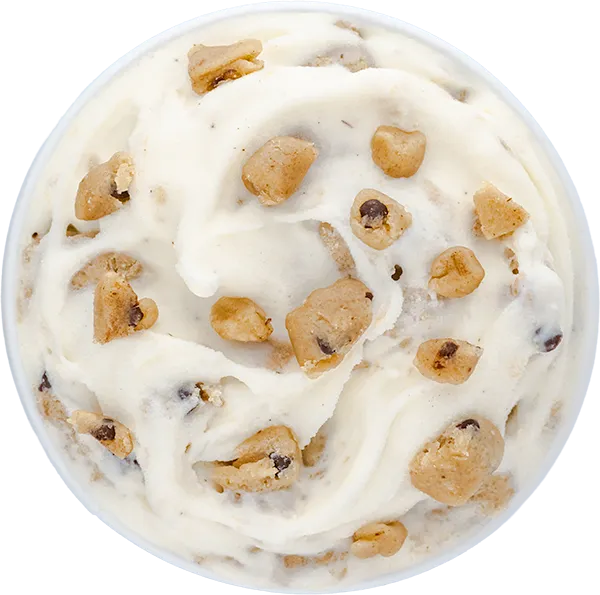 Creamy ice cream with chunks of chocolate chip cookie dough, top view, perfect dessert treat.