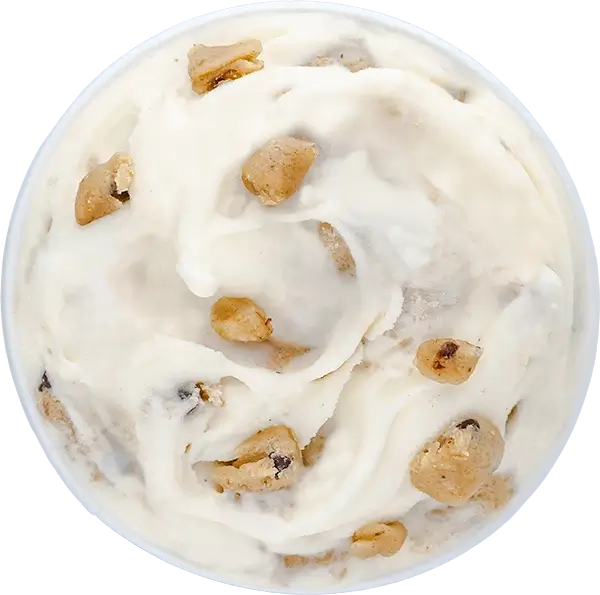 Creamy ice cream with chunks of chocolate chip cookie dough, top view, perfect dessert treat.