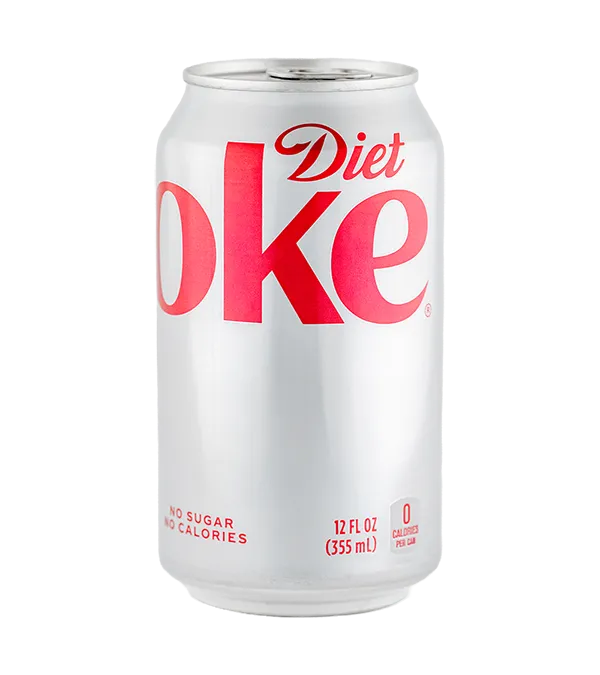 Diet Coke can, 12 fl oz, zero sugar, zero calories. Classic soft drink in silver and red packaging.