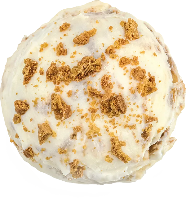 Scoop of ice cream with cookie crumbles on top, featuring creamy and crunchy textures.