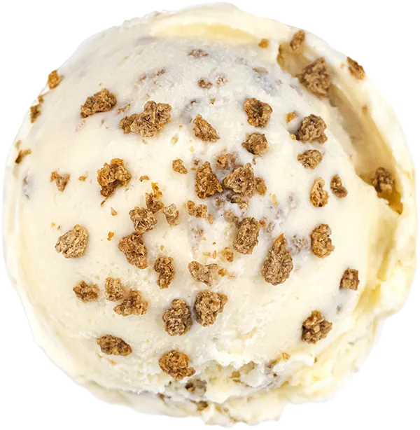 Scoop of creamy vanilla ice cream topped with crunchy cookie crumble on white background.