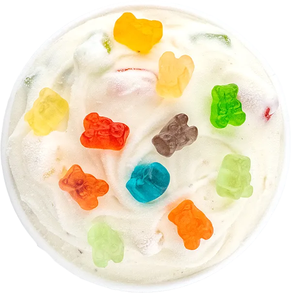 Colorful gummy bears atop creamy vanilla ice cream in a bowl, offering a fun and sweet dessert option.