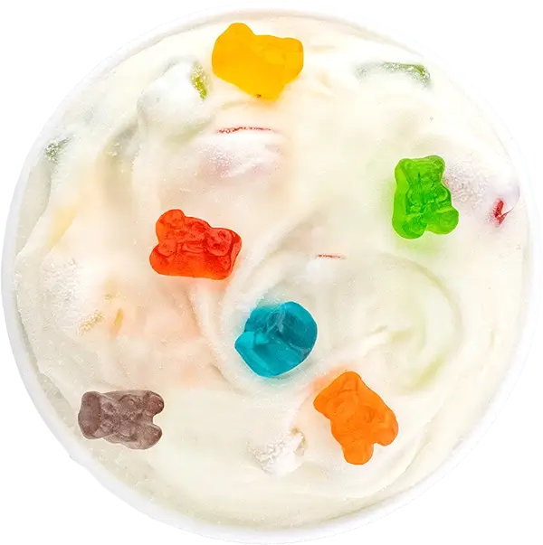 Colorful gummy bears atop creamy vanilla ice cream in a bowl, offering a fun and sweet dessert option.