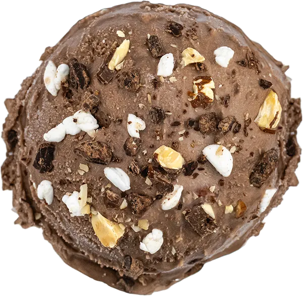 Chocolate ice cream with nuts, marshmallows, and cookie chunks on top, close-up view.