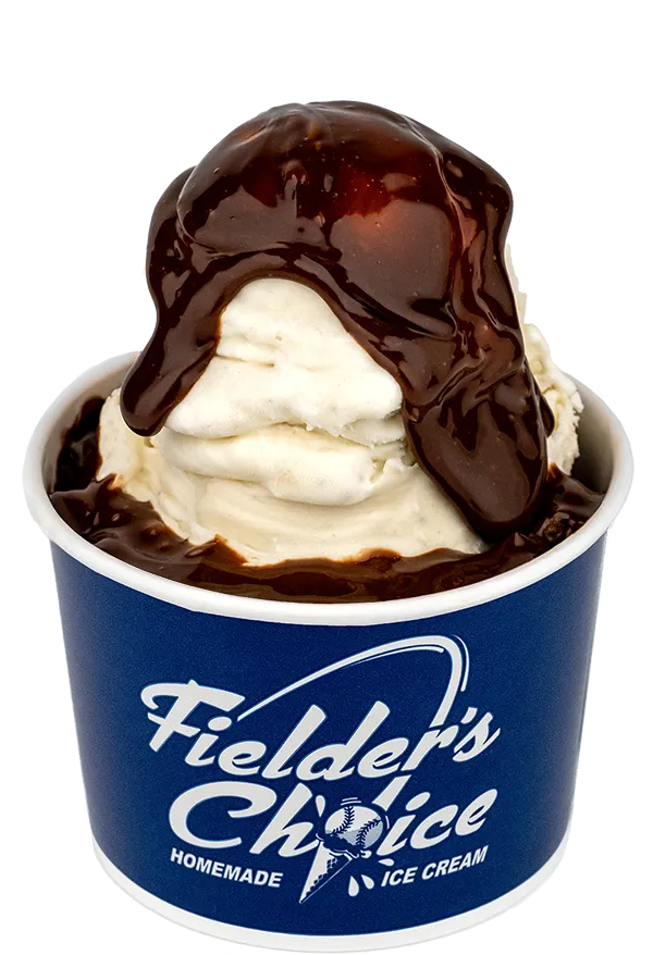 Vanilla ice cream with rich chocolate sauce in a cup from Fielder's Choice.