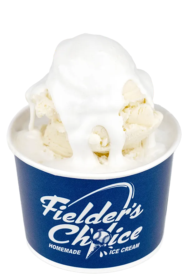 Creamy vanilla ice cream in a Fielder's Choice cup, topped with smooth white Marshmallow.