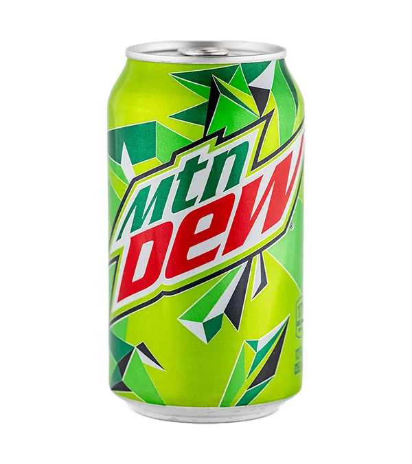 Green Mountain Dew soda can with bold red logo, featuring geometric design.