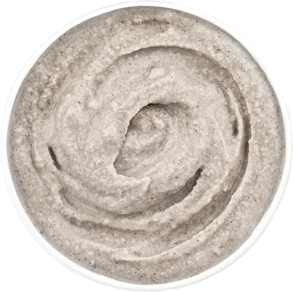 Creamy gray Oreo-Frappe texture in a white bowl, viewed from above.