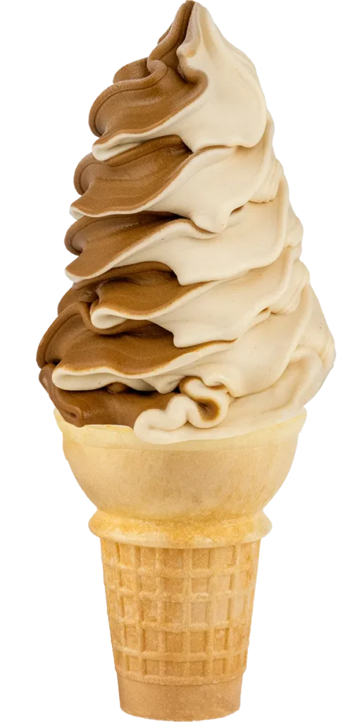 Swirled vanilla and chocolate soft serve ice cream in a cone.