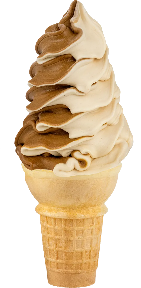 Swirled vanilla and chocolate soft serve ice cream in a cone.