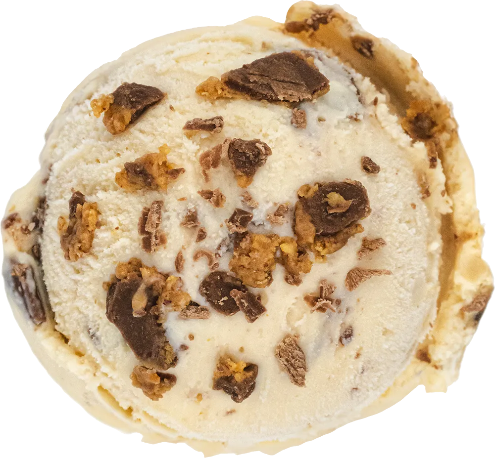 Scoops of creamy vanilla ice cream with chocolate and peanut butter chunks.