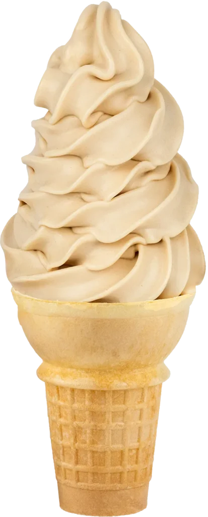 Vanilla soft serve ice cream in a cone with swirled texture, isolated on a white background.