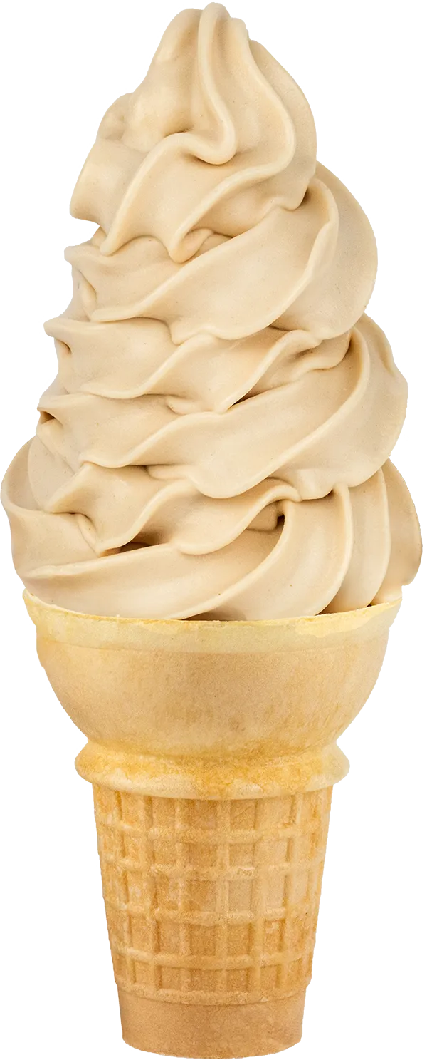 Vanilla soft serve ice cream in a cone with swirled texture, isolated on a white background.