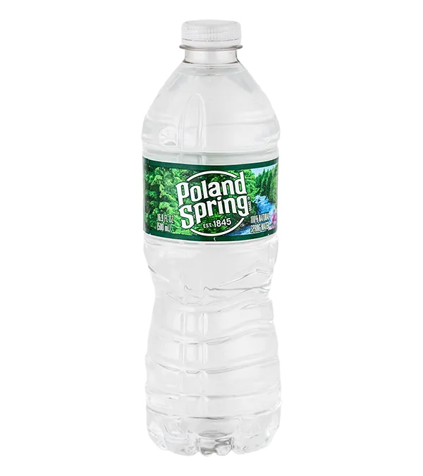 Poland Spring bottled water, 16.9 fl oz (500 ml) with green label, plastic bottle on a white background.