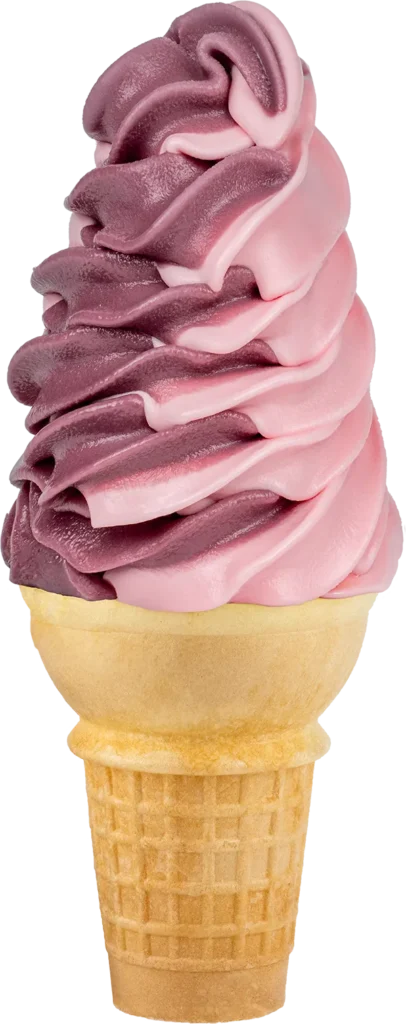 Swirled berry and vanilla soft serve ice cream cone, close-up with a waffle cone. Perfect summer treat.