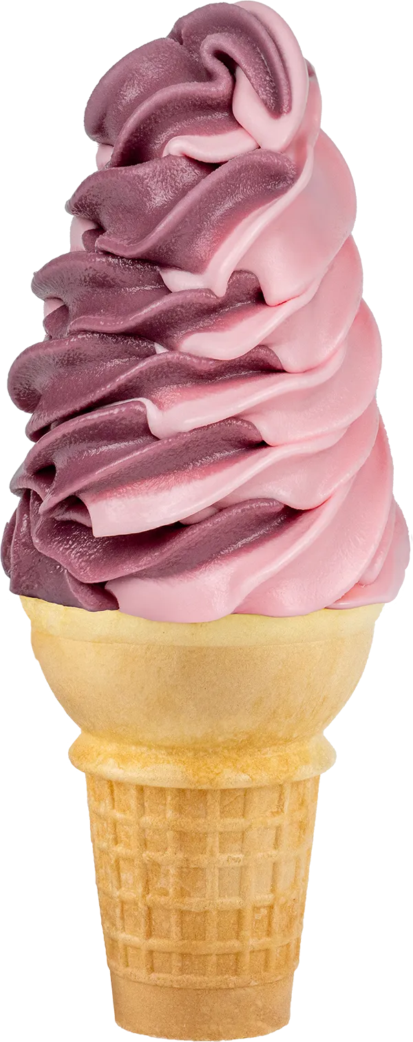 Swirled berry and vanilla soft serve ice cream cone, close-up with a waffle cone. Perfect summer treat.