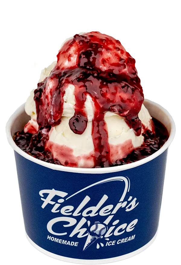 Delicious vanilla ice cream with rich berry topping in a Fielder’s Choice cup. Perfect dessert treat!