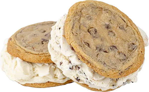 Two delicious ice cream sandwiches with chocolate chip cookies, perfect for dessert lovers and sweet indulgence.