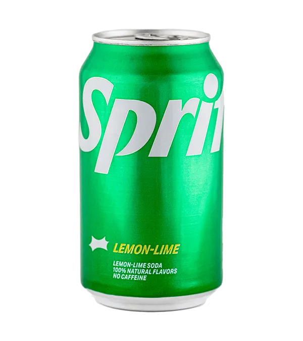 Green soda can with Lemon-Lime text, featuring Sprite branding; refreshing carbonated beverage option.