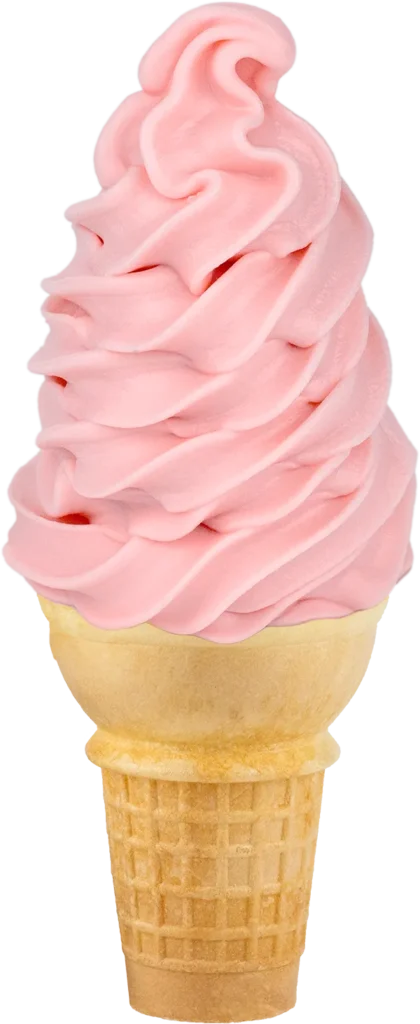 Pink soft serve ice cream cone on a waffle cone, showcasing creamy swirls and tempting dessert appeal.