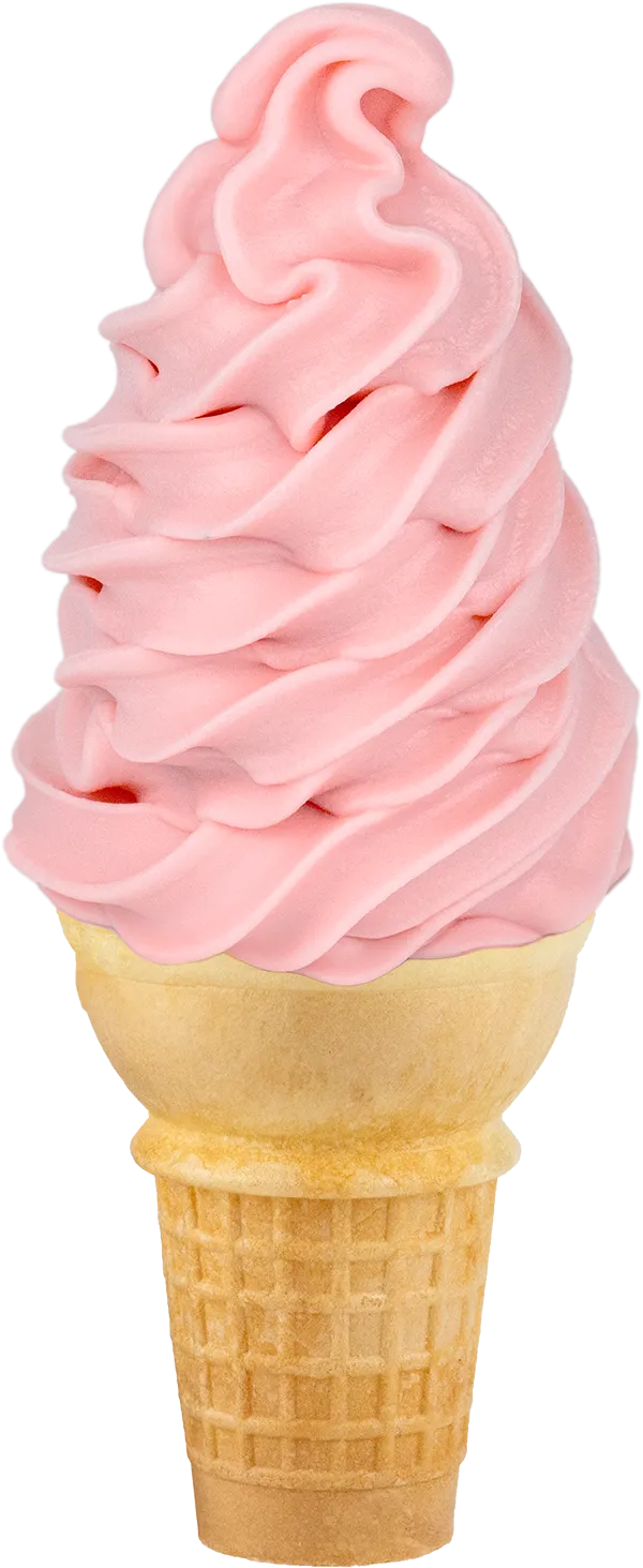 Pink soft serve ice cream cone on a waffle cone, showcasing creamy swirls and tempting dessert appeal.