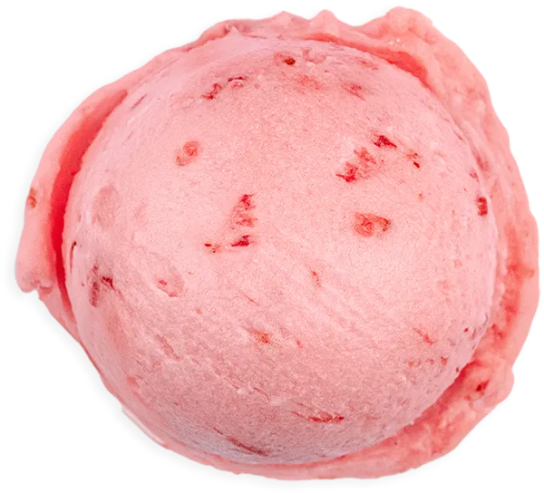 Pink strawberry Sorbet scoop with berry chunks, isolated on white background.