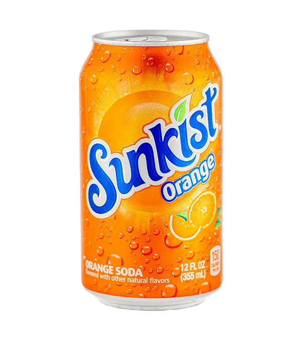 Orange Sunkist soda can with droplets, 12 fl oz. Refreshing citrus drink with natural flavors.