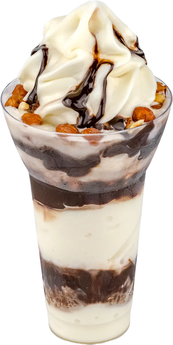 Creamy vanilla and chocolate sundae with nuts and chocolate syrup in a clear cup, perfect dessert treat.