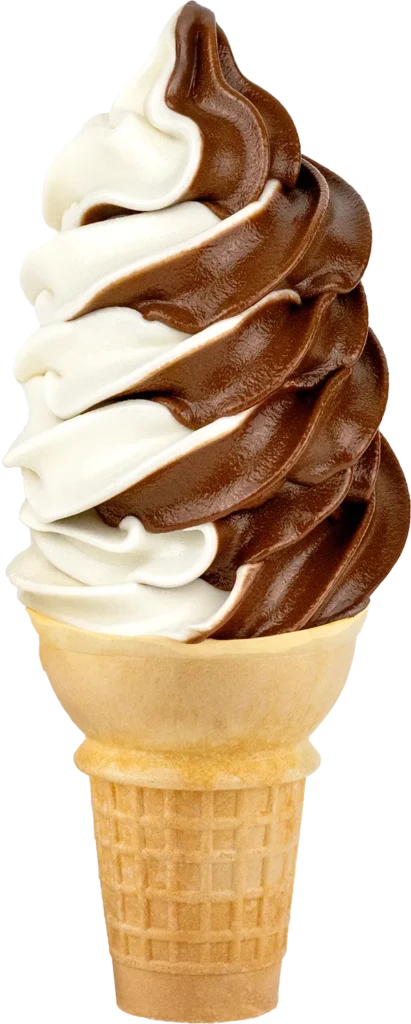 Chocolate and vanilla swirl soft serve ice cream cone on a waffle cone, perfect summer treat.