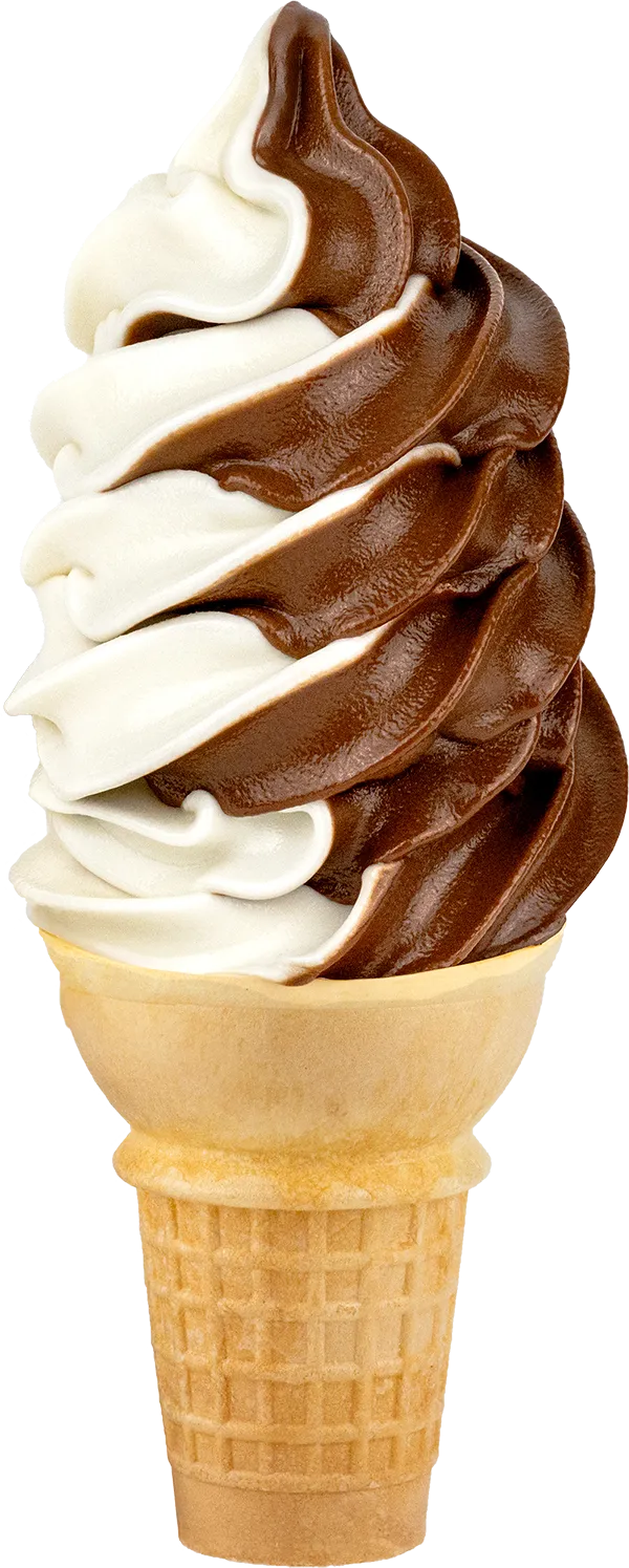 Chocolate and vanilla swirl soft serve ice cream cone on a waffle cone, perfect summer treat.