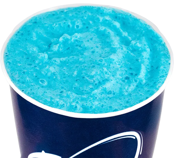 Bright blue Freezie in a blue cup with a logo, showcasing vibrant color and icy texture. Perfect summer drink.