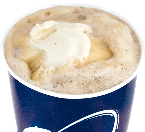 Creamy root beer float in a blue cup, topped with vanilla ice cream for a refreshing treat.