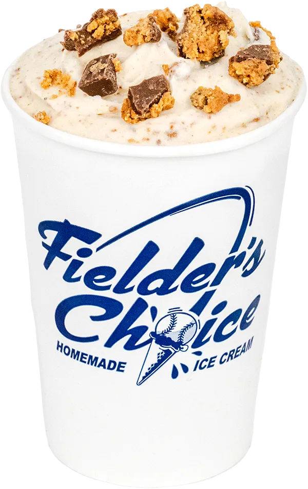 Creamy homemade ice cream topped with chocolate and cookie chunks in a Fielder's Choice cup.