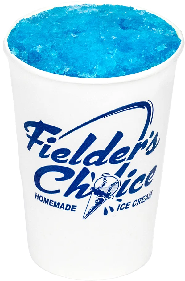 Blue shaved ice in a Fielder's Choice cup, featuring homemade ice cream branding.