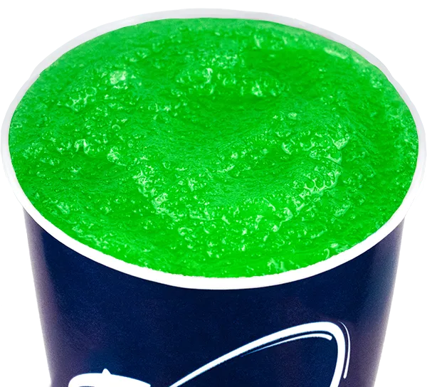 Bright green Slushie in a dark blue paper cup, vibrant refreshment, close-up view.