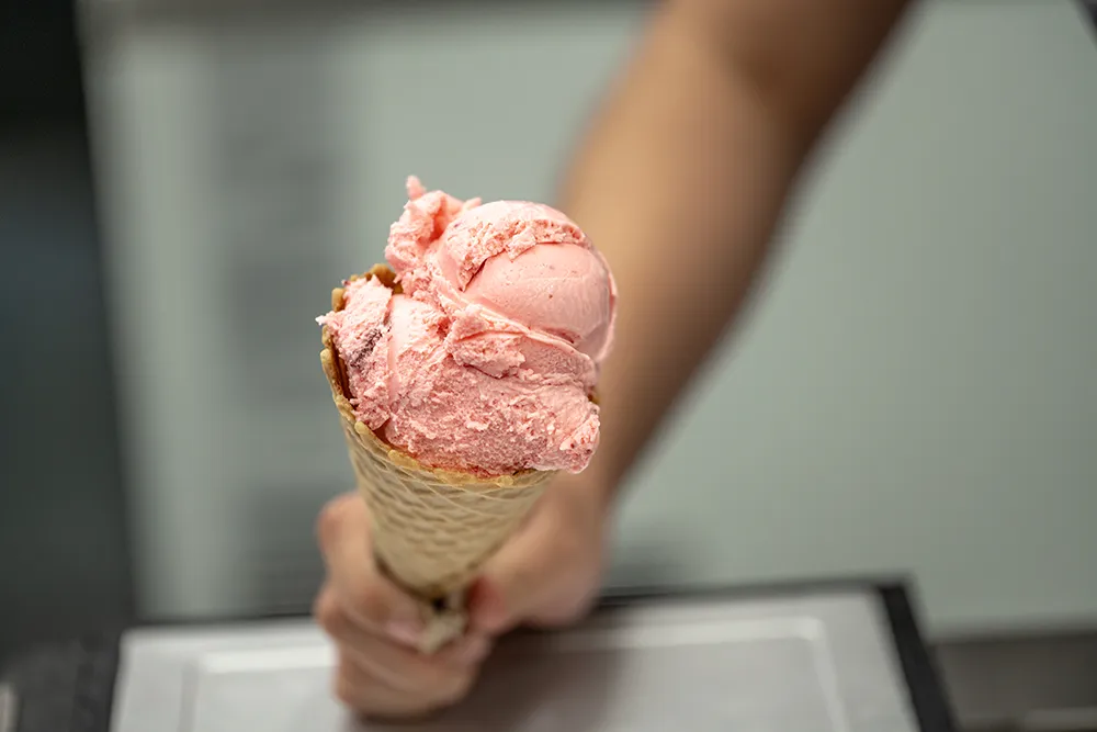 Hand holding a waffle cone with two scoops of strawberry ice cream.